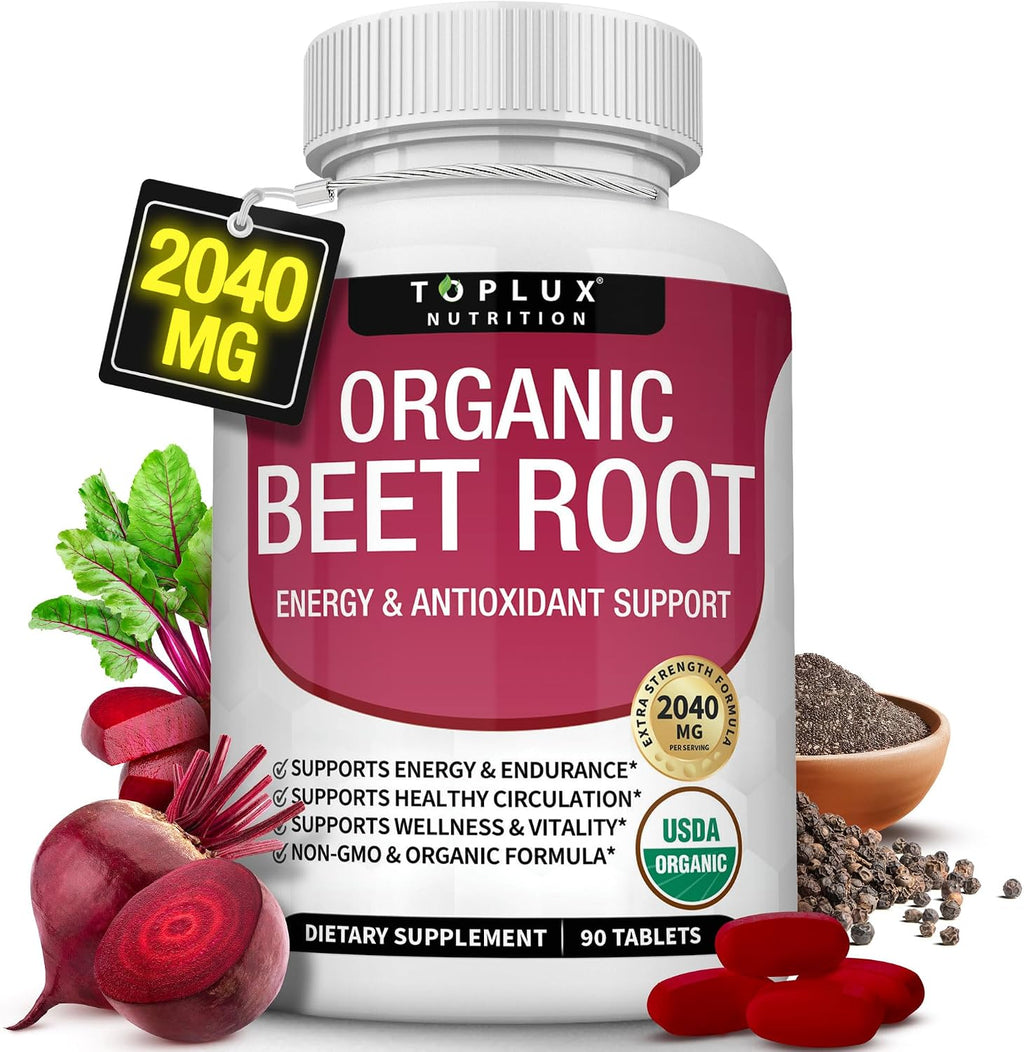 Organic Beet Root Powder Tablets - 2040mg Natural Nitric Oxide Beets to Support, Energy, Black Pepper Better Absorption, Non-GMO, 90 Tablets