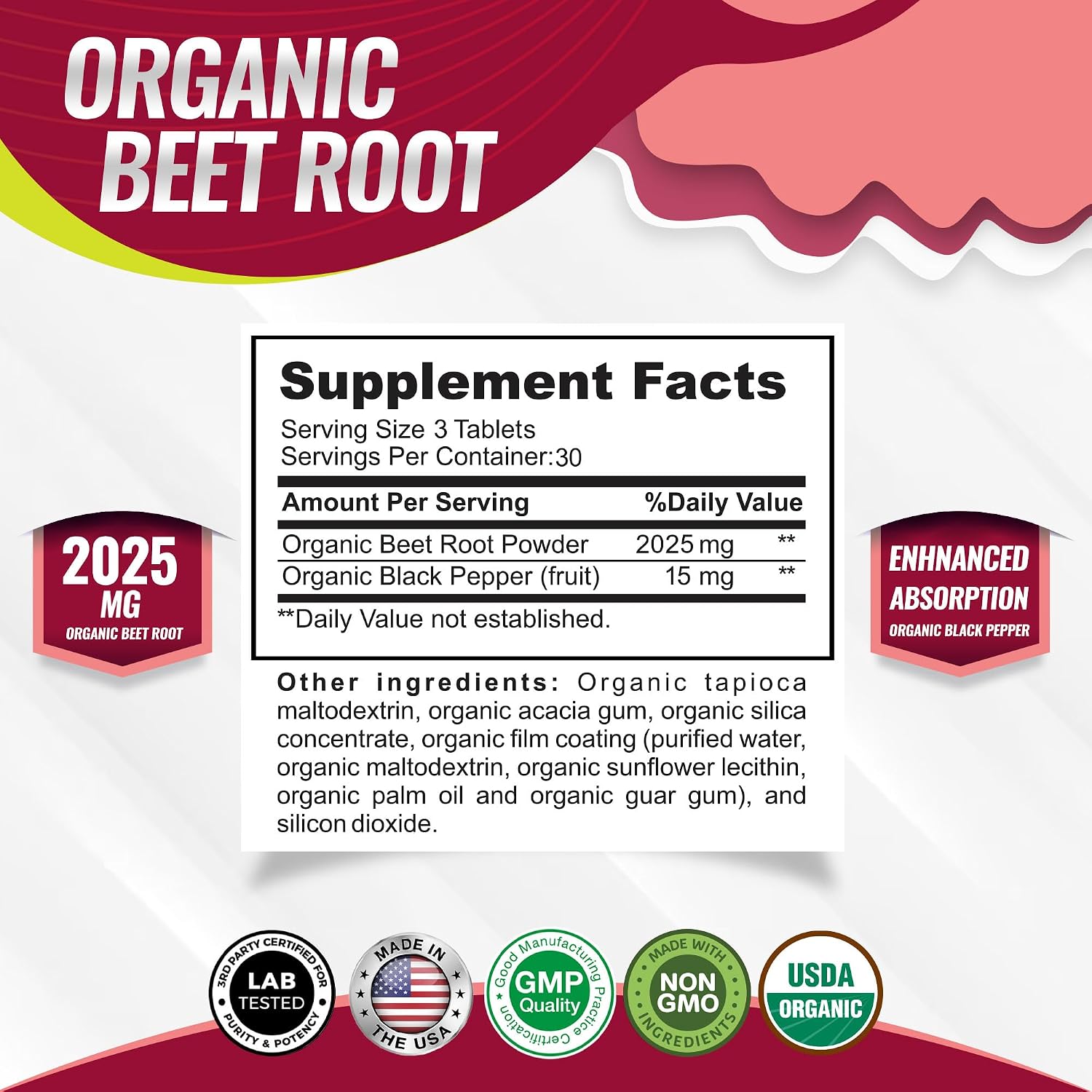 Organic Beet Root Powder Tablets - 2040mg Natural Nitric Oxide Beets to Support, Energy, Black Pepper Better Absorption, Non-GMO, 90 Tablets