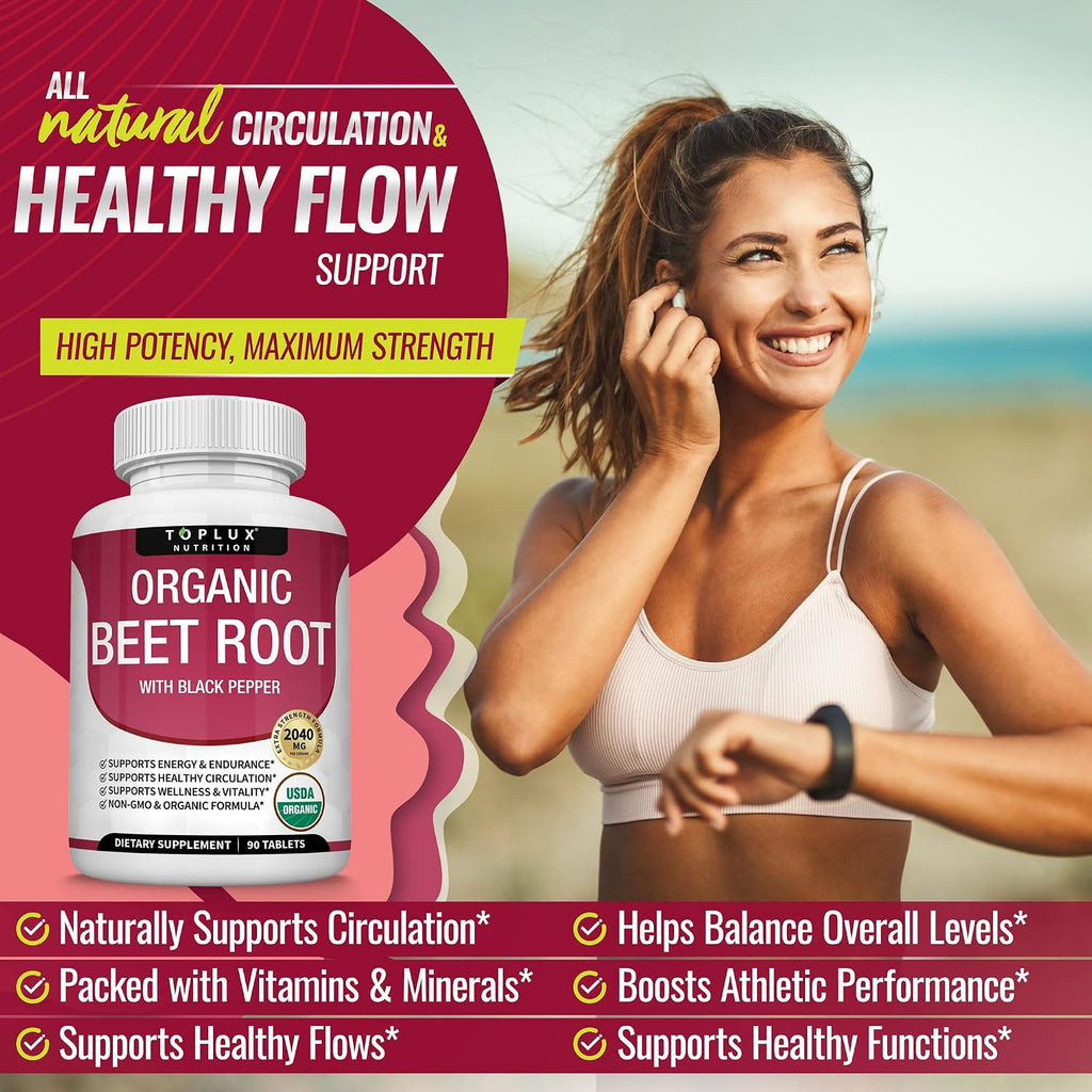 Organic Beet Root Powder Tablets - 2040mg Natural Nitric Oxide Beets to Support, Energy, Black Pepper Better Absorption, Non-GMO, 90 Tablets