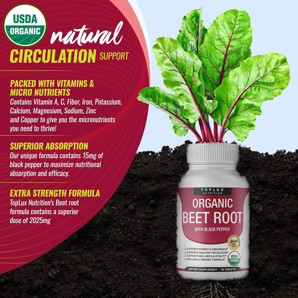 Organic Beet Root Powder Tablets - 2040mg Natural Nitric Oxide Beets to Support, Energy, Black Pepper Better Absorption, Non-GMO, 90 Tablets