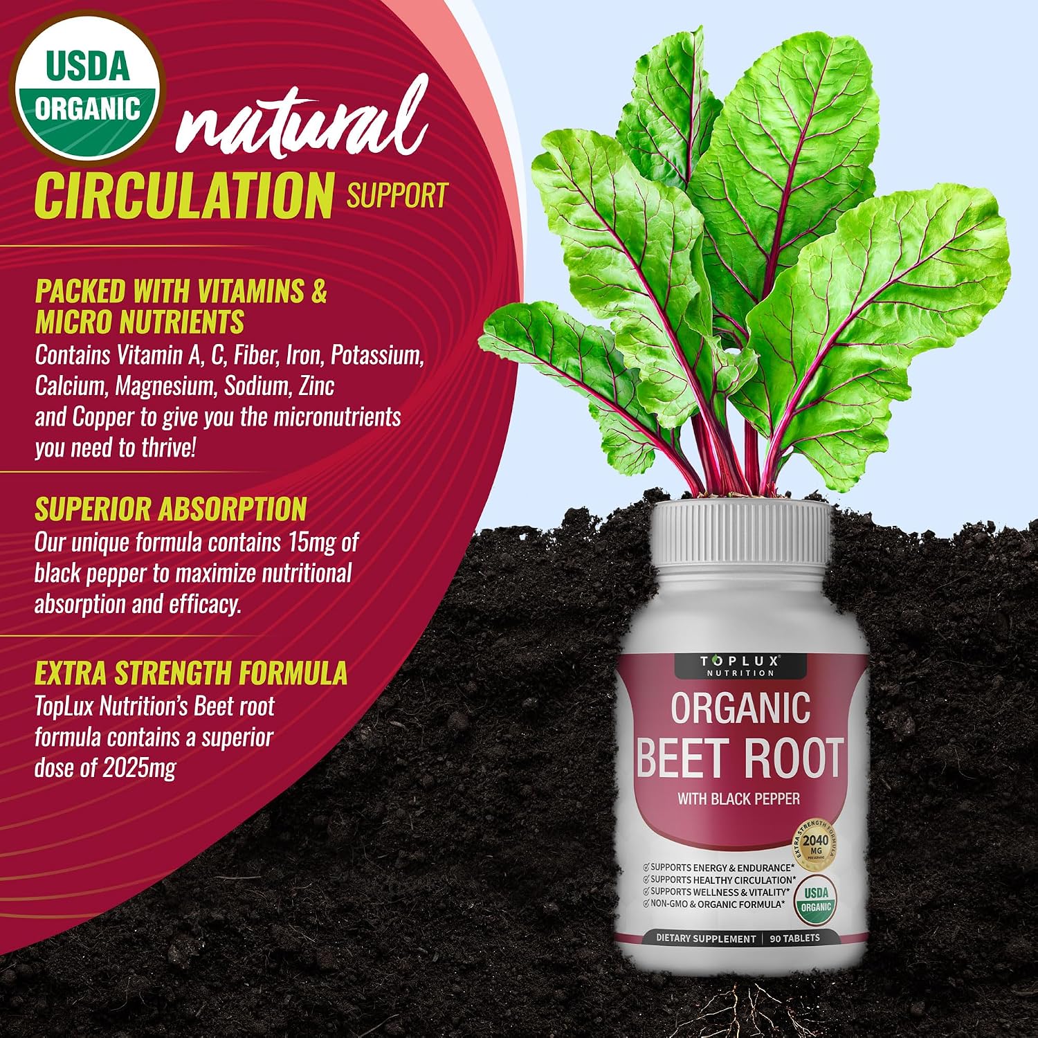 Organic Beet Root Powder Tablets - 2040mg Natural Nitric Oxide Beets to Support, Energy, Black Pepper Better Absorption, Non-GMO, 90 Tablets