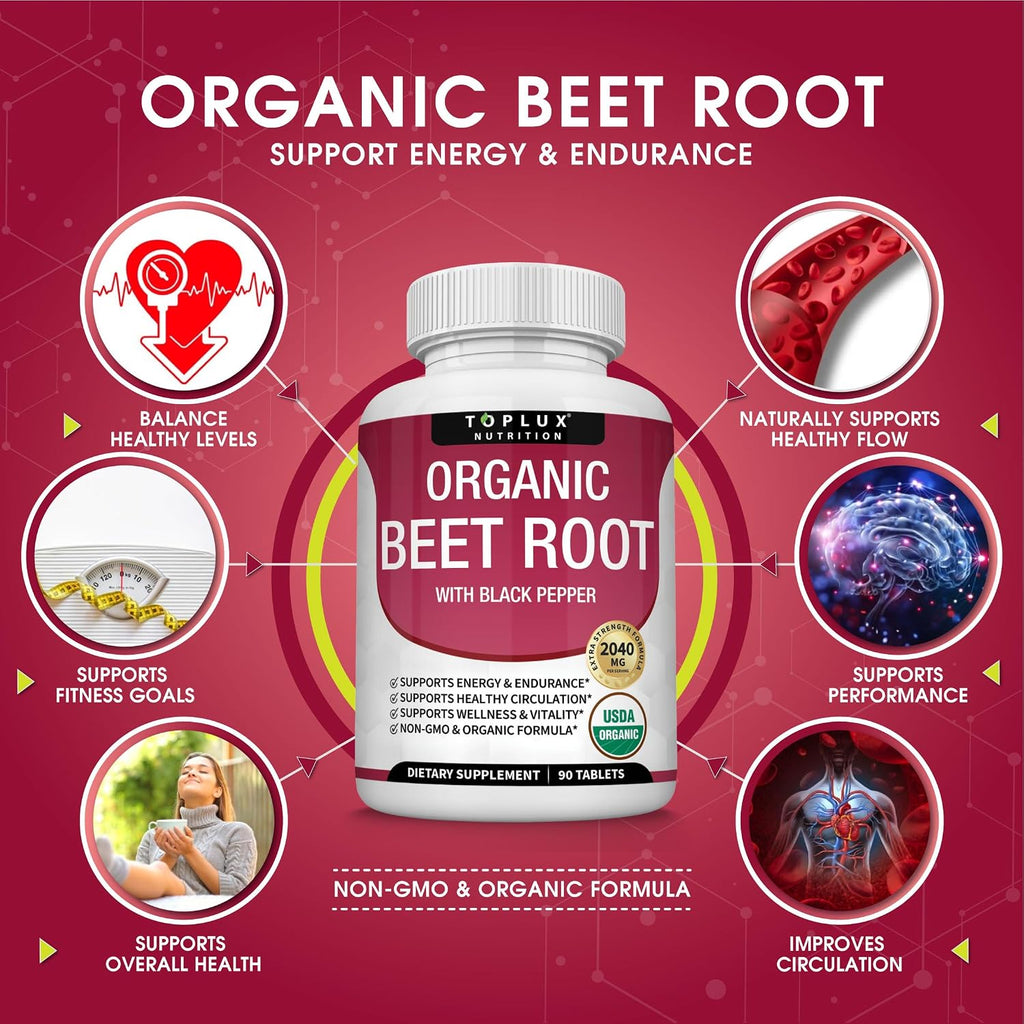 Organic Beet Root Powder Tablets - 2040mg Natural Nitric Oxide Beets to Support, Energy, Black Pepper Better Absorption, Non-GMO, 90 Tablets