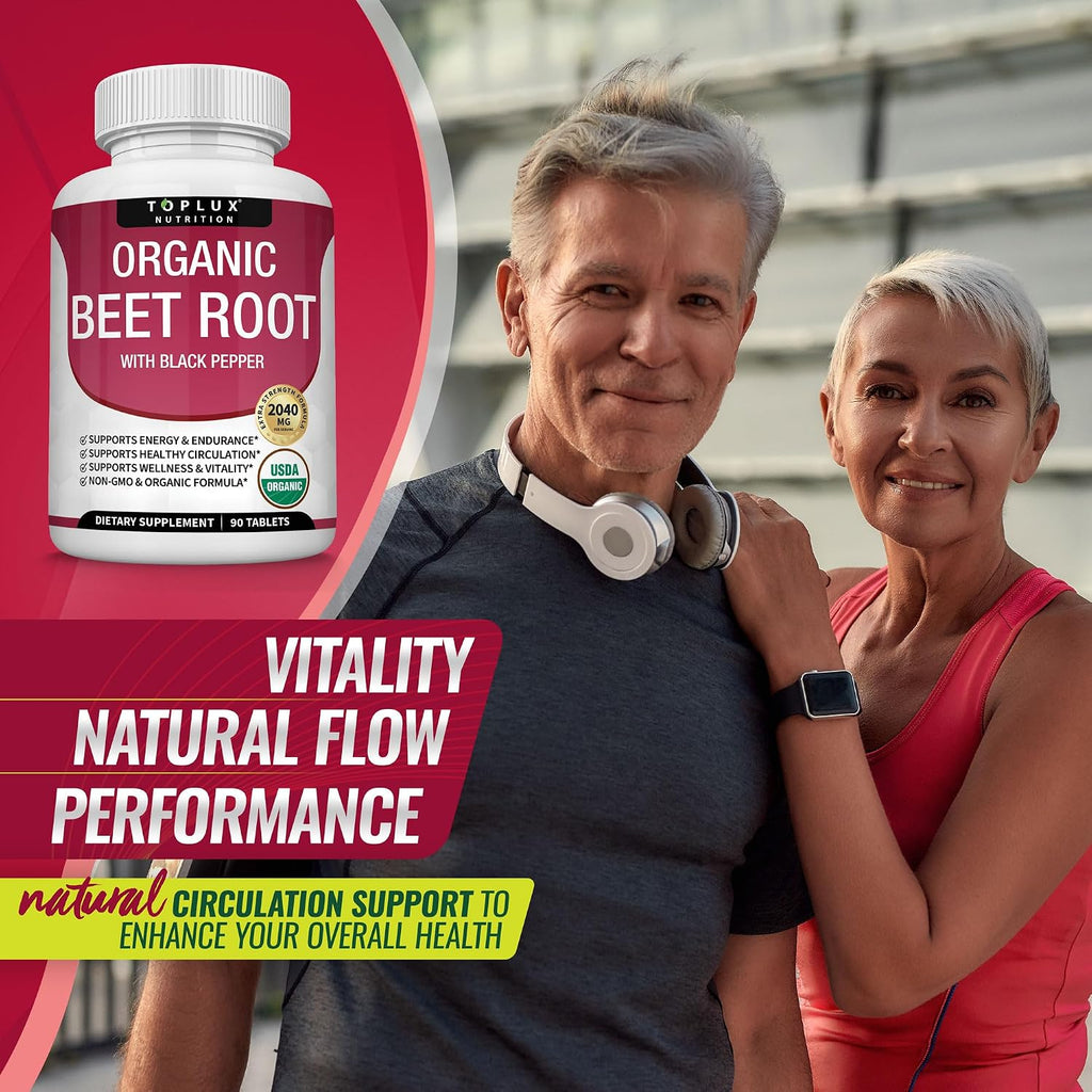 Organic Beet Root Powder Tablets - 2040mg Natural Nitric Oxide Beets to Support, Energy, Black Pepper Better Absorption, Non-GMO, 90 Tablets