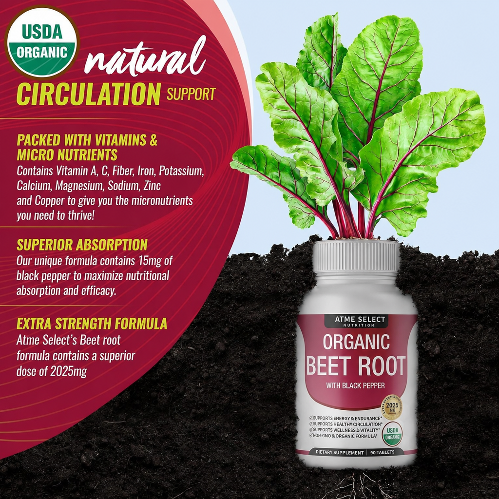 Organic Beet Root Powder Tablets - 2040mg Natural Nitric Oxide Beets to Support, Energy, Black Pepper Better Absorption, Non-GMO, 90 Tablets