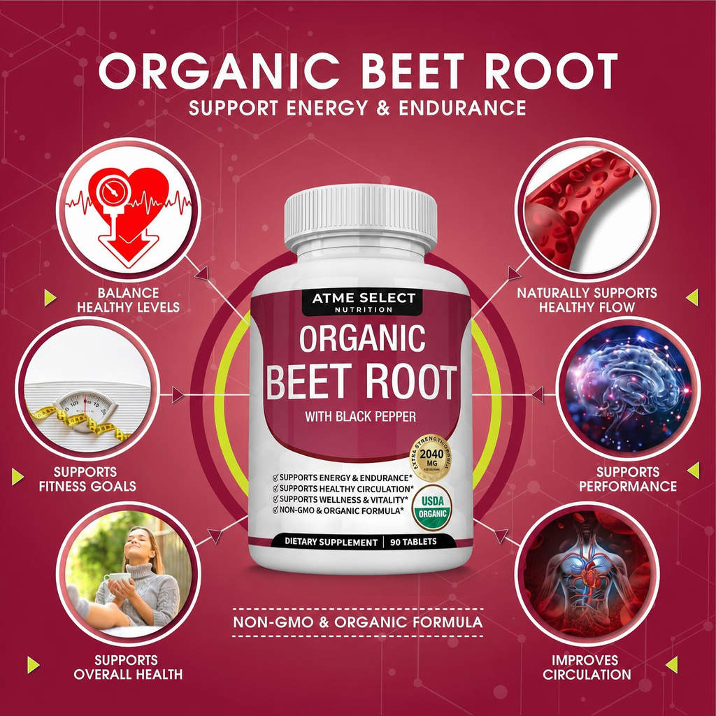 Organic Beet Root Powder Tablets - 2040mg Natural Nitric Oxide Beets to Support, Energy, Black Pepper Better Absorption, Non-GMO, 90 Tablets
